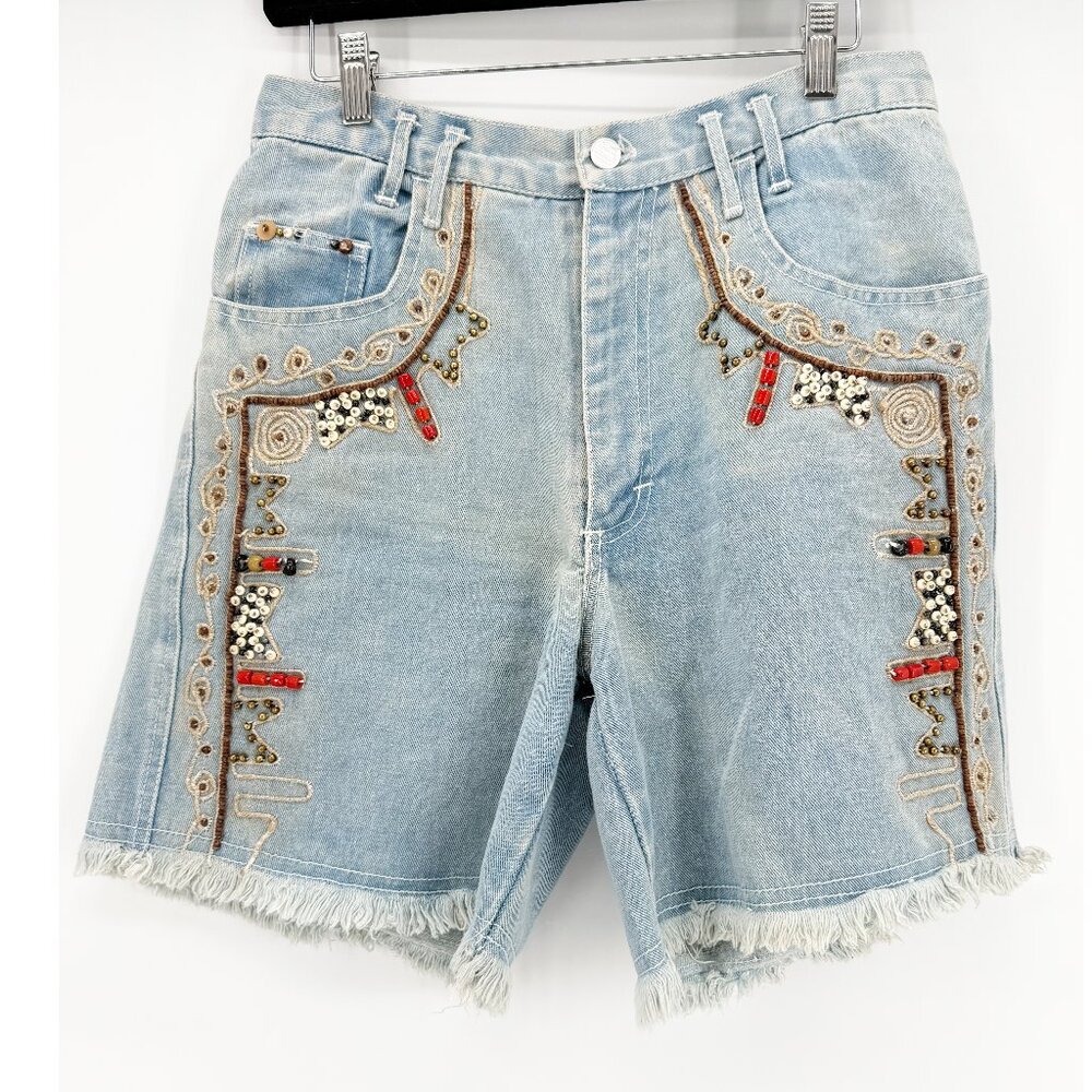 JOU JOU VTG 80s Denim Blue Embellished Long Jean Short 11/12